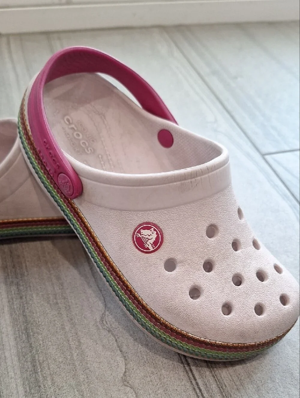CROCS Kids Classic Clog in Pale Pink with Bright Pink Heel Strap